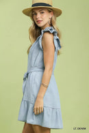 Umgee Chambray Ruffled Denim Dress with Side Pockets