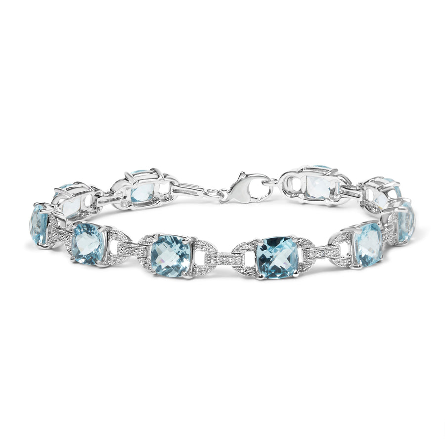 .925 Sterling Silver 7x7 mm Cushion Cut Blue Topaz and 1/20 cttw Round Cut Diamond Fashion Tennis Bracelet (I-J Color, I1-I2 Clarity) - 7