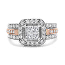 14K White and Rose Gold 1 1/8 Cttw Princess and Round-Cut Diamond Art Deco Style Triple Shank Halo Cocktail Ring (I-J Color, SI2-I1 Clarity) - Size 7
