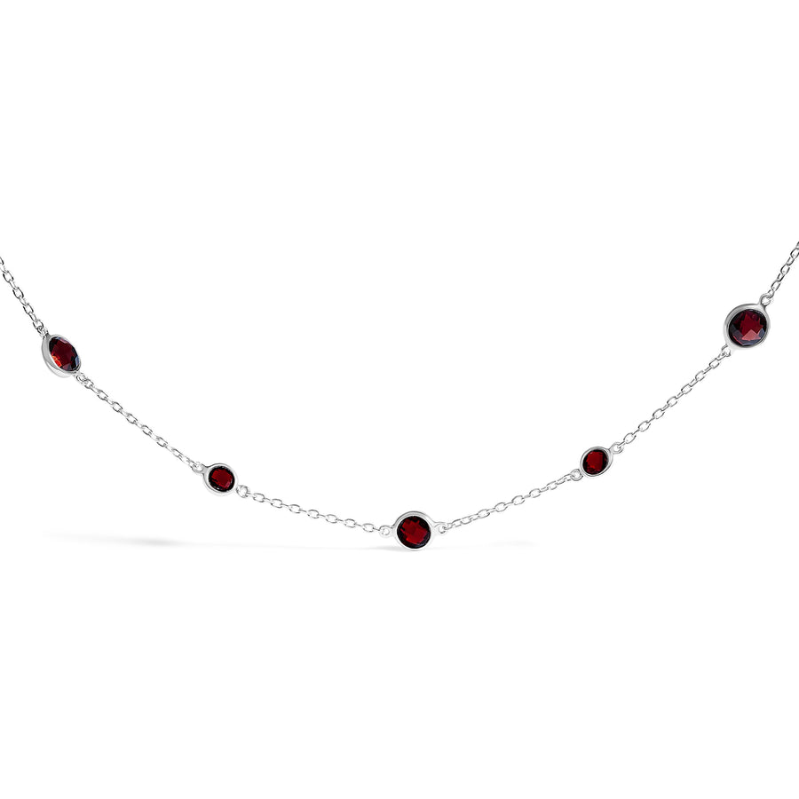 .925 Sterling Silver Checkerboard Cut Red Garnet Bezel Station Necklace - 22