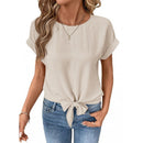 Short-sleeve Fashionable Casual Round-neck Top With A Bow Tie Strap