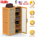 6-Tier Shoe CabinetÊwith Bamboo Shoe Rack Freestanding Shoe Organizer with 2 Hollow Doors and Handles 154lbs Max Load for Closet Hallway Living Room