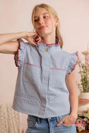 SO ME Stripe Twill Stitch Ruffled Hidden Button Vest Top