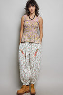 POL Smocked Printed Square Neck Peplum Tank with Ruffle Trim