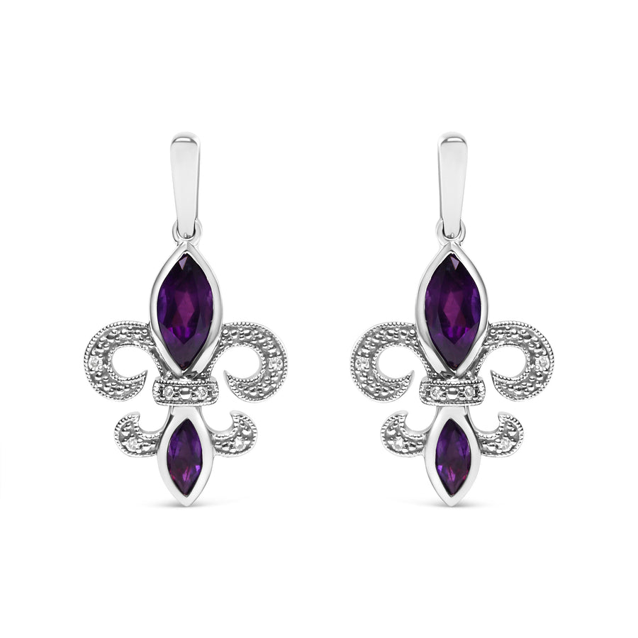 .925 Sterling Silver Marquise Cut Amethyst and Diamond Accent Fleur De Lis Dangle Stud Earrings (H-I Color, SI1-SI2 Clarity)