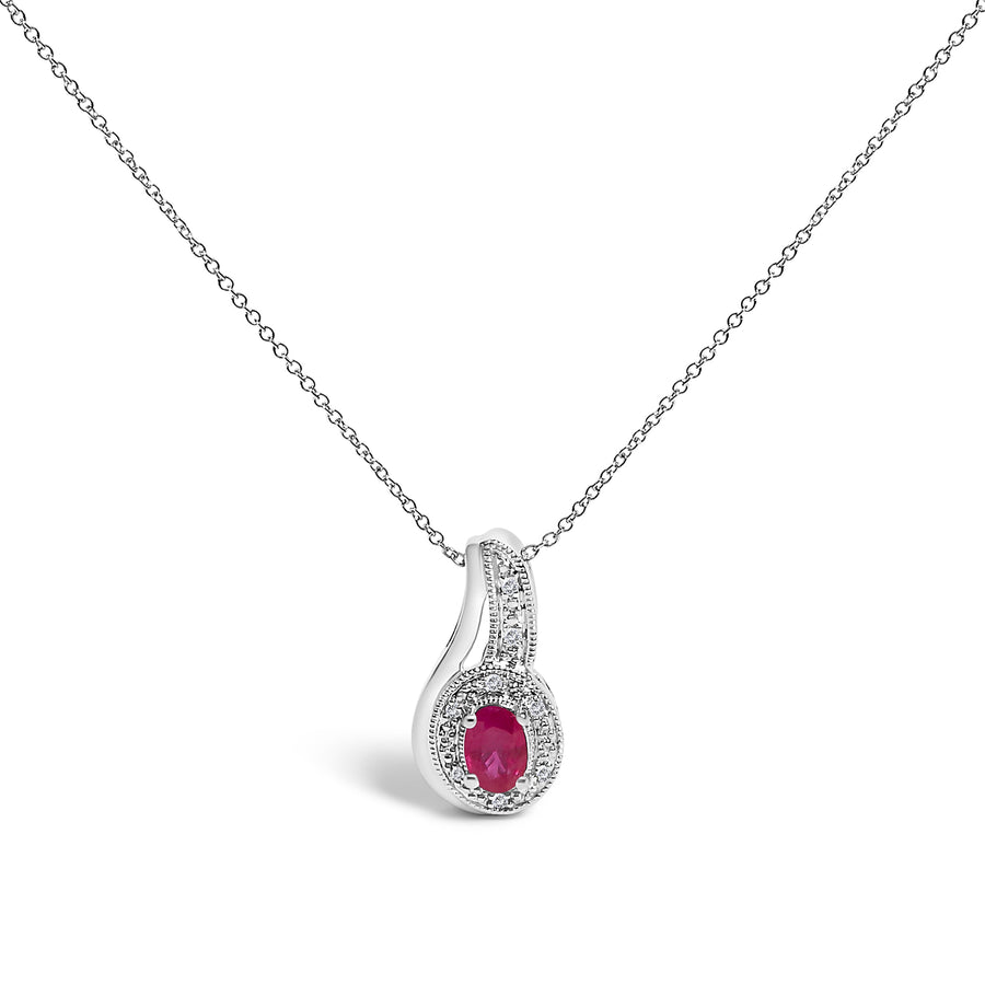 .925 Sterling Silver Red Ruby and Diamond Accent Milgrain Swirl Pendant Necklace - 18