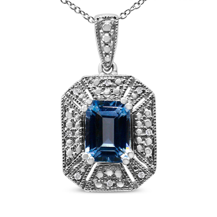 .925 Sterling Silver Blue Topaz and Diamond Accent Art Deco Style 18
