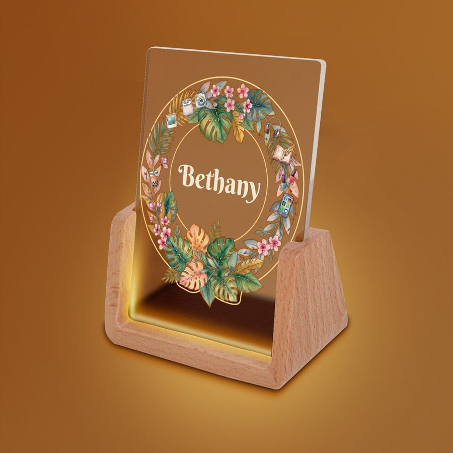 Personalized Night Light for Teen Girls with Name | Tropical Wreath with Teen Icons | Bedroom Decor Gift