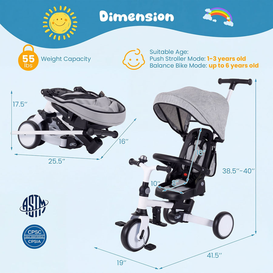 8-in-1 Folding Kids Tricycle with Removable Canopy and Push Handle