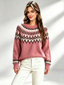 Womens Retro Fair-Isle Knit Crew-Neck Sweater