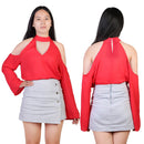 Women\'s Sexy Off The Shoulder Blouses Cold Shoulder Tops V-Neck Long Sleeve T-Shirt Solid Color Summer
