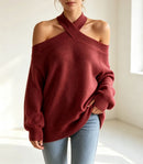 Halterneck Off-shoulder Knitted Pullover For Women