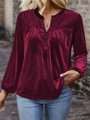 Women's Casual Chic Solid Color V-Neck Button Long Sleeve Pullover Top For Spring & Fall