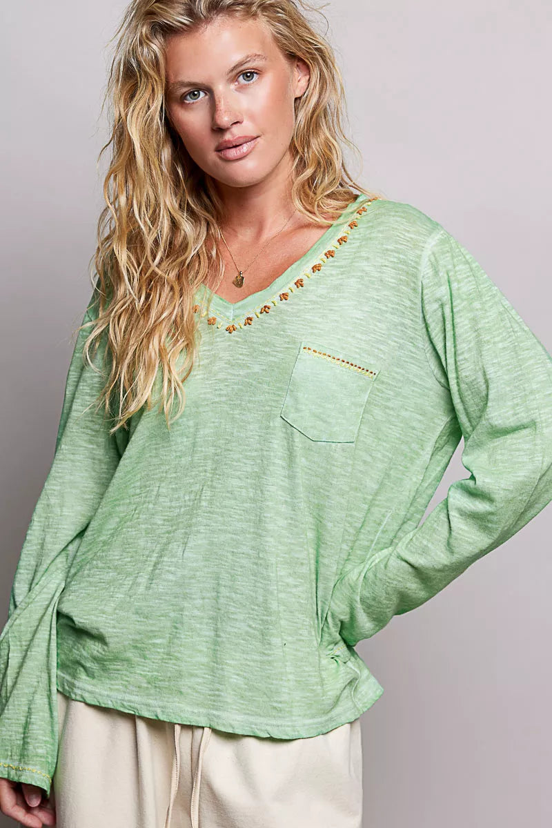 POL V-Neck Contrast Stitch Lightweight Knit Long Sleeve Top