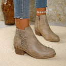 Hollow-out Pointed Toe Low-cut Square Heel Women's Boots