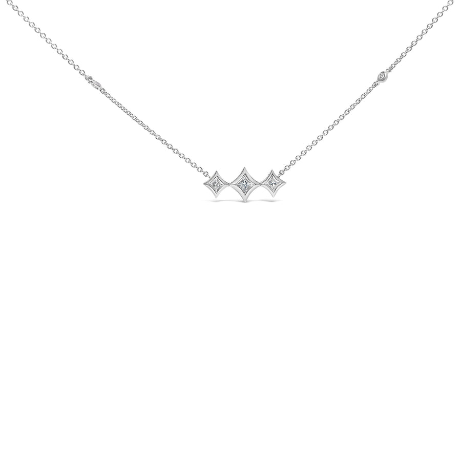 10K White Gold Bezel Set Princess Diamond 3 Stone Kite Shape and Station Necklace (H-I Color, SI2-I1 Clarity) - 18