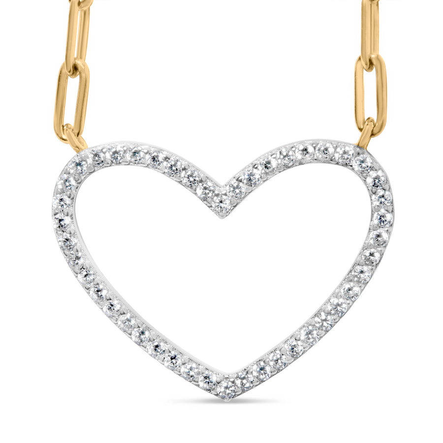 14K Yellow Gold Plated .925 Sterling Silver 1/4 Cttw Diamond Open Heart with Paperclip Chain Pendant Necklace (I-J Color, I2-I3 Clarity) - 18