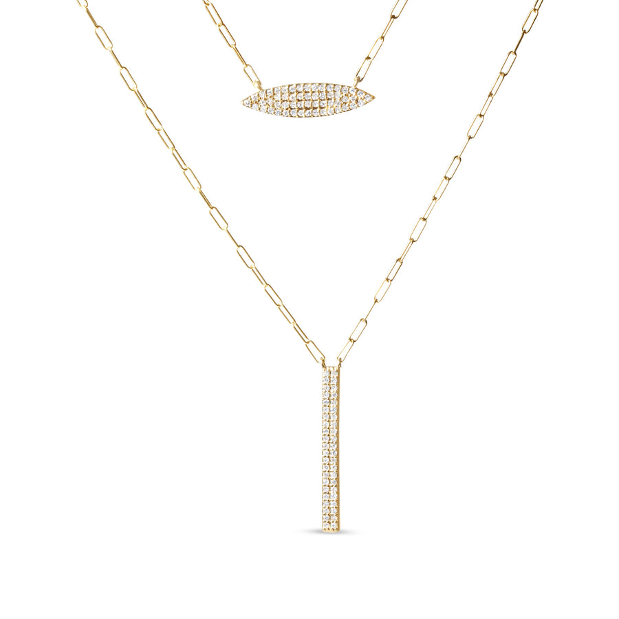 14K Yellow Gold 3/8 Cttw Two-Strand Marquise and Bar Charm Paper Clip Link Pendant Necklace  (I-J Color, I1-I2 Clarity) -18
