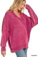 Zenana Washed Deep V-neck Oversized Sweater