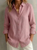 Womens Long-sleeved Linen Shirt With Blue And White Vertical Stripes