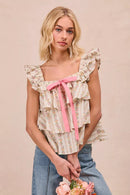 BiBi Floral Printed Woven Front Bow Tied Ruffled Square Neck Sleeveless Top