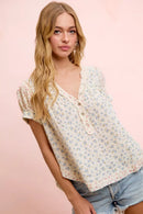 BiBi Floral Crinkle Neckdrop Short Sleeve Blouse Top