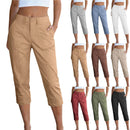 Women's Solid Color High Waist Cargo Capris With Patch Pockets, Summer Casual Work Cropped Pants
