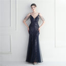 Mesh Beaded Bridal Wedding Dinner Long Camisole Evening Gown
