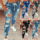 Womens Distressed Ripped Long Denim Pants High Rise Elastic Waist Drawstring Jeans