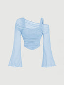 Mesh-Neck Pleated Long-Sleeve T-Shirt Top