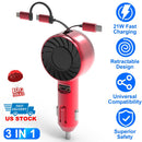 21W 3 In 1 Retractable Car Charger Fast Car Charger Mini Car Phone Charger with USB Port Type-C Cable LT & Micro Cable Fit For IOS Phone 15/14/13 And
