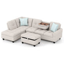 98 Inches Sectional Sofa Couch with Movable Storage Ottoman and Linen Fabric Backs