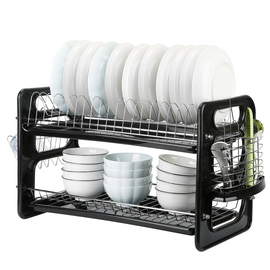 2 Tier Iron Dish Drying Rack Drainboard Set with Large Storage Anti-Rust Dish Drainer Shelf Tableware Holder Cup Holder For Kitchen Counter Storage