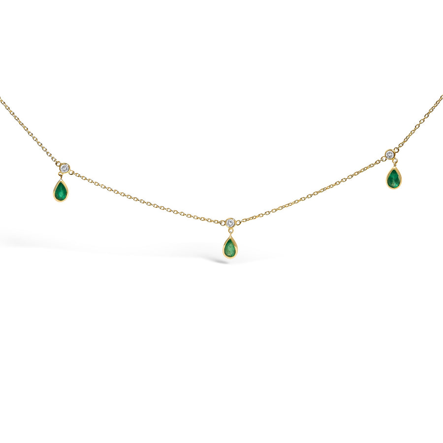 10K Yellow Gold Dangling 5x3 mm Green Emerald and Diamond Station Necklace - 18
