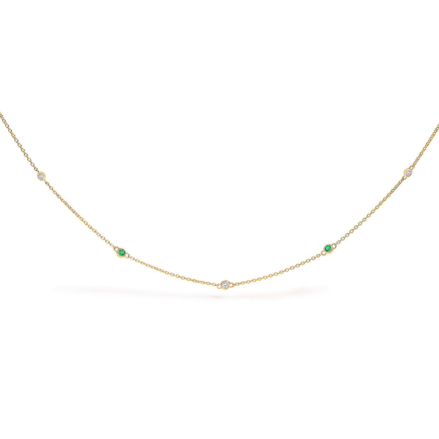 14K Yellow Gold Bezel Set Alternating Green Emerald and Diamond Station Necklace - 18