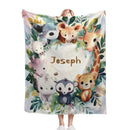 Personalized Safari Animals Blanket with Name | Botanical Wreath Design | Custom Baby & Kids Gift