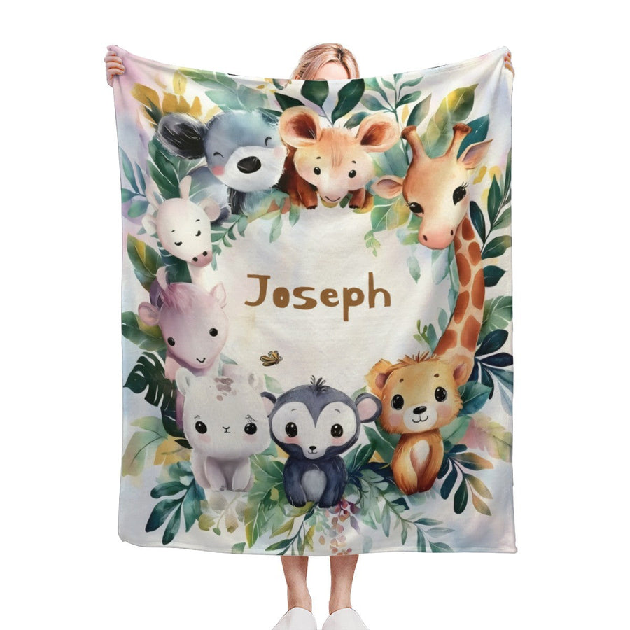 Personalized Safari Animals Blanket with Name | Botanical Wreath Design | Custom Baby & Kids Gift