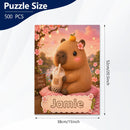Personalized Capybara Jigsaw Puzzle with Name - Kawaii Capybara Boba Tea Cherry Blossom Design - 500 Pieces, 38x52cm - Gift Box Included