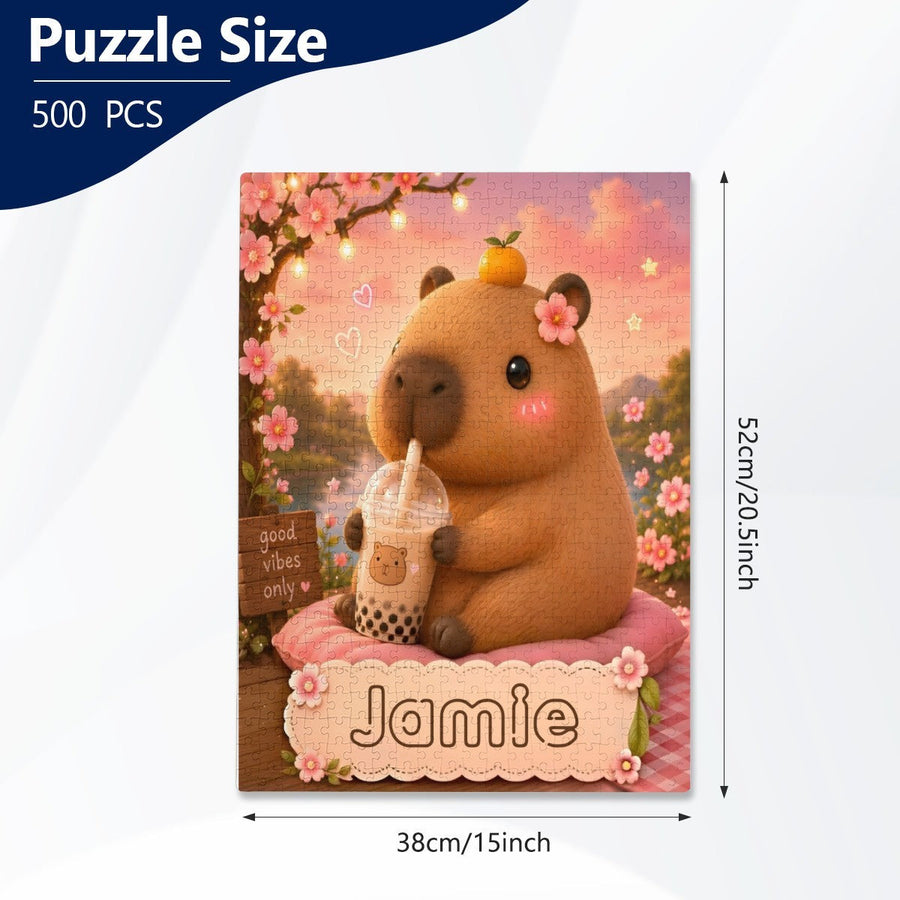 Personalized Capybara Jigsaw Puzzle with Name - Kawaii Capybara Boba Tea Cherry Blossom Design - 500 Pieces, 38x52cm - Gift Box Included