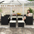 9 PCS Outdoor Dining Furniture Set with Tempered Glass Table and Ottomans-White