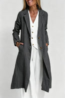 Long-sleeve Buttoned Cotton-linen Trench Coat With A Suit Collar