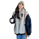 Patchwork Stand Collar Lamb Wool Motorcycle Coat