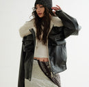Color-blocked Relaxed-fit PU Faux Leather Black Turtleneck Jacket