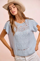 BiBi Washed Eyelet Short Sleeve Breathable Knit Top