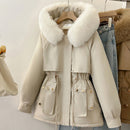 Womens Solid-Colored Loose Cotton Padded Coat With A Large Furry Collar