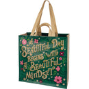 A Beautiful Day Begins With A Beautiful Mindset Floral Market Tote Bag | 15.50" x 15.25" x 6"