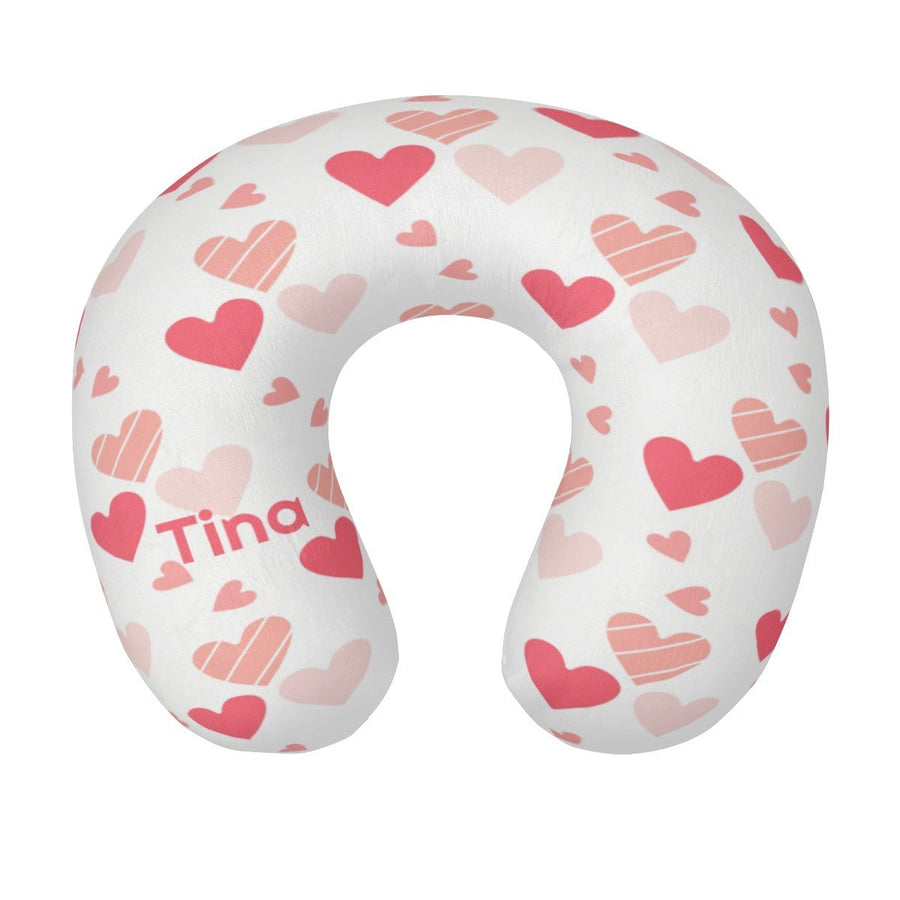 Personalized Hearts Travel Neck Pillow with Name | Pink and White Hearts Pattern | Memory Foam | Valentine's and Romantic Gift