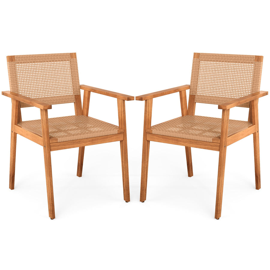 Acacia Wood Outdoor Dining Chairs Set of 2 PE Rattan Patio Chairs with Backrests and Armrests