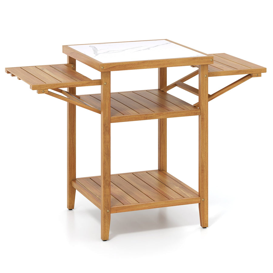 Acacia Wood Outdoor Grill Table with Faux Marble Top and Drop