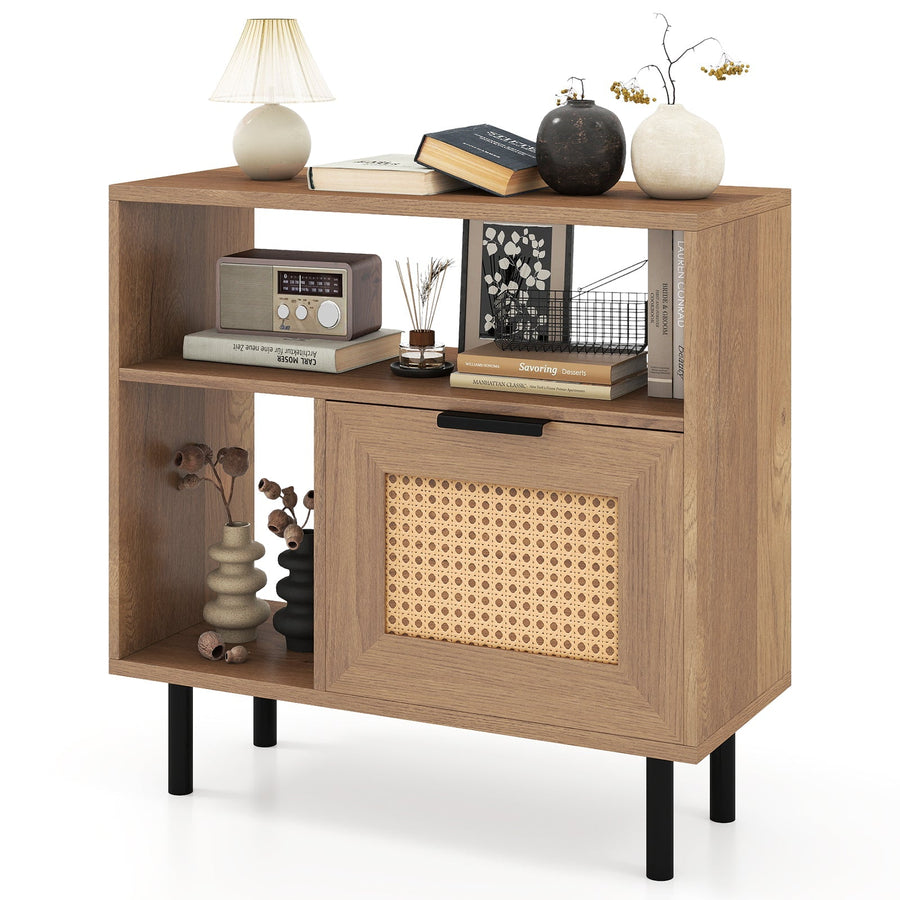 Accent Side End Table with Storage Shelf and Cabinet for Small Space-Natural